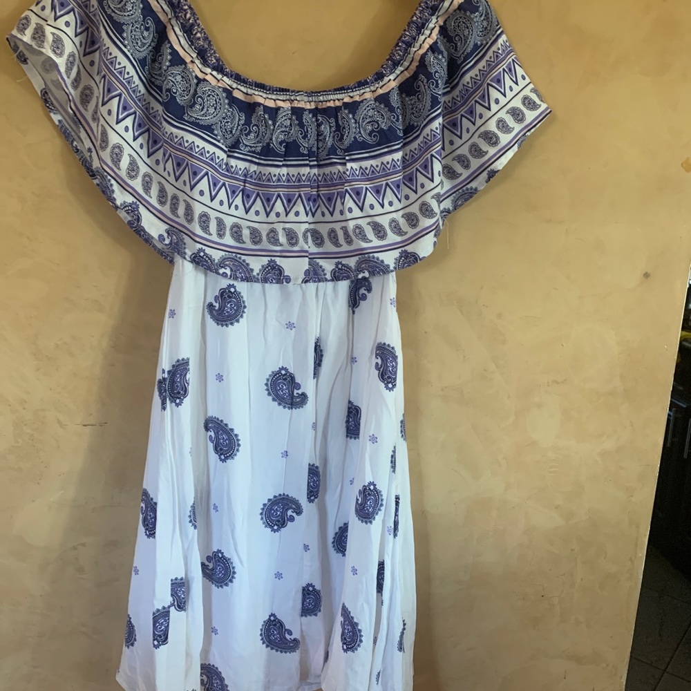 Rue 21 White & Blue Off The Shoulder Dress